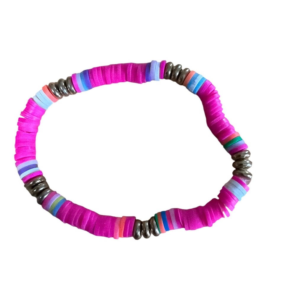 Pink Heishi Bead Stretch Bracelet Colorful Polymer Clay Gold Tone‎ Accents Beach